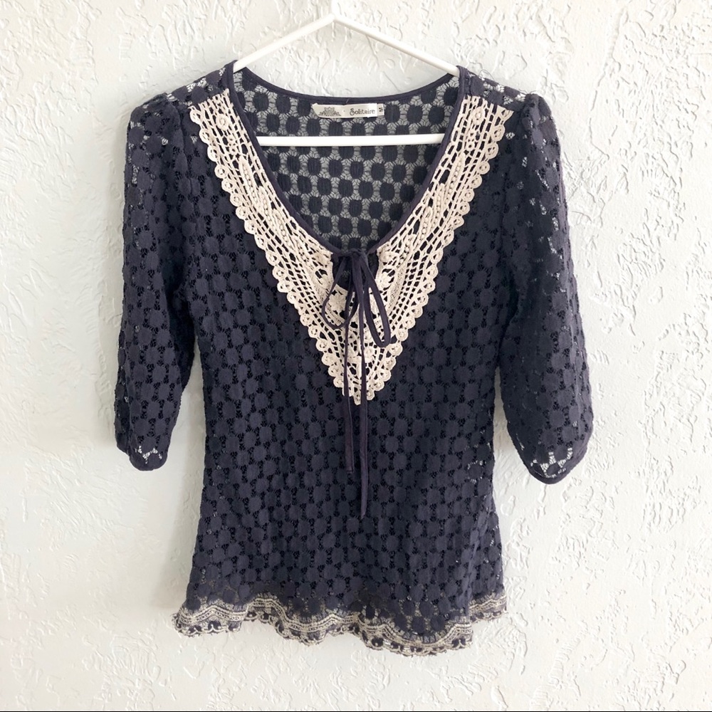 Solitaire Crochet Half Sleeve Tie Neck Blouse